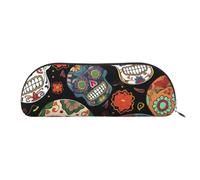 YKLJG Sugar Skulls Print Leather Pencil Case with Silver Zipper, PVC Half-Circle Stationery Pouch Organizer for School Office Travel