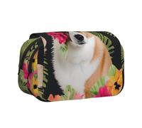 YKLJG Tropical Flower and Corgi Print Flip-Top Pencil Case Pen Organiser with 2 Zipper Compartments, Large Capacity Makeup Bags for School, Travel & Office