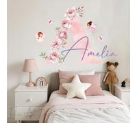 YKLT Decals Personalized Name and Initial Wall Decals for Girls Bedroom, Custom Floral Nursery Decor with Fairies and Butterflies, Large Vinyl Peel and Stick