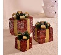 YKMYXZ christmas decorations， LED Christmas Gift Boxes Multicolor 15-25cm Pack Of 3(Red and Gold 3piece Set)