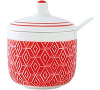 YKMYXZ Sugar Bowl， Colorful Embossed Lattice Storage Jar, Solid Color Porcelain Sugar Pot, Salt, for Coffee Bar, Restaurant(Red Grid)