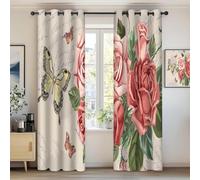 Ykncxzy Flower Butterfly Drapes, Nostalgic Newspapers Pink Rose Elegant Romantic Floral Butterfly Curtains, Grommets Privacy Window Curtain Panels for Living Room Girls Room, W46.2 x L54.3 x 2 Panels