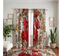 Ykncxzy Gothic Red Floral Curtains Baroque Style Elegant Red Poppy with Vintage Border Curtain Panels Luxury Flowers Light-Blocking Grommets Drapes for Living Room Ladies Room, W46.2 x L72 x 2Panels