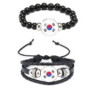 Ykonuyis National Flag Metal Black Beaded Elastic Rope Bracelet and Alloy Leather Braided Rope Bracelet Bangl for Men Women Support your country, M, Zinc, glass