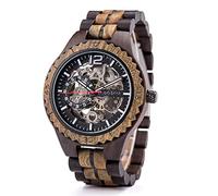 ykop Watch for Men, Classic Hollow Automatic Mechanical Wooden Table Men's Digital Dial Wooden Watch Brown Men Women Automatic Watch Made of Natural Wood with Glass Base (Ebenwood Zebra), Ebony Zebra,