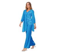 YKPPSMTR Ocean Blue Plus Size 3 Pcs Mother of The Bride Outfits for Wedding Guest Dresses - Lace Chiffon Formal Dressy Pantsuits Mother of The Trouser Suits with Jacket Size UK28