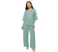 YKPPSMTR Pea Green Plus Size 2 Pcs Floral Mother of The Bride Trouser Suit - 1/2 Sleeve Lace Tiered Ruffle Sleeve Scoop Neck Cocktail Evening Dress Mother of The Bride Outfits Size UK22