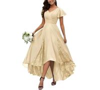 YKPPSMTR Tea Length Mother of The Bride Outfits with Sleeves Lace Appliques Ladies Party Dresses Champagne Size 16