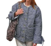 YKR Women's Quilted Lightweight Jackets Cropped Floral Print Plaid Bow Puffer Jacket Reversible Padded Coat, Blue, Medium