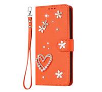 YKTO Case for ITEL P55T P665L 4G Protective Cover Rhinestone Double-Layer 3D Love Heart Cute Flowers Wallet Orange PU Leather Phone Shockproof Protective for ITEL P55T P665L 4G