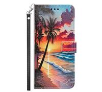 YKTO Case for Samsung Galaxy A30S Pu Leather Wallet Case Summer, Sunset, Beach, Palm Trees, Romance with Card Holder ID Slot and Hand Strap Shockproof Full Protective Cover for Samsung Galaxy A30S