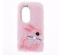 YKTO Cute Soft Warm Fluffy Case for OPPO A17 Shiny Diamond Furry Faux Rabbit Case Soft and Comfortable Plush Phone Case for Girls Women Plush Case for OPPO A17 Bumper Soft Back Case，Pink Pearl Rabbit