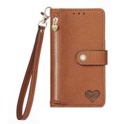 YKTO Flip Leather Case for Realme GT 6T Zipper Bag Love Pattern Magnetic Purse Lady Phone Multi-functional Dermis BookStyle Handbag [7 Card Slots] with Pocket Phone Case for Realme GT 6T,Brown