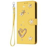 YKTO Flower Case for Tecno Camon 40 Premier Phone Wallet Protective with Card Holder,Wrist Strap, Yellow PU Leather Case Pocket Pouch Sleeve Sparkle Shiny Design 3D Love Heart