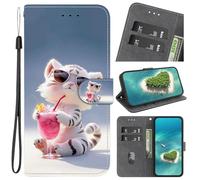 YKTO for Xiaomi POCO M8 Case PU Leather Flip Wallet Phone Case Cover Silicone Shockproof Bumper Cover Stand View Cover with Card Slots Phone Case,The little tiger drinking soda