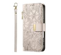 YKTO Handbags for Realme C33 Embossed Floral Leaf Pattern Zipper Phone Case Coin Purse Girls Wallet Large Capacity Multifunction Card Positions Phone Wristlet Clutch for Realme C33,White