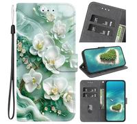 YKTO Phone Case for Realme 14X 5G PU Leather Case Wallet with Card Holder Carved style magnolia flower light green Flowers Design Magnetic Case Flip Cover for Realme 14X 5G