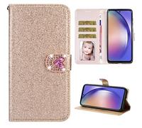 YKTO Wallet Bling Cases for iPhone 16 Plus PU Glitter Flip Love Discount Sparkle Magnetic Shockproof Stand Shell ID Card Slots Cash Pouch Phone Wrist Protective for iPhone 16 Plus,Gold