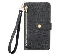 YKTO Wallet Case for Realme 9i 4G Zipper Bag Case Glitter With Love Folio Cover Womens Ladies Girls Money Pocket With Wrist Strap Full Protective Magnetic Phone Cover for Realme 9i 4G,Black