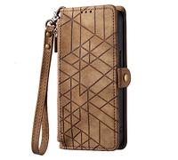 YKTO Zipper Pocket for Realme Note 50 Classy Case Geometric Figure Wallet Zipper Flip Shell with Card Slots Wrist Strap Cover Shockproof Girls Chic Cover Case for Realme Note 50,Brown