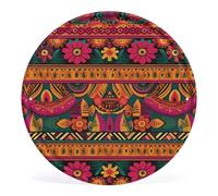 YKUDBN Circular Metal Wall Art, Mexican Folk Art Boho Print Iron Wall Hanging Vintage Circular Sign Industrial Metal Art Decorative Metal Plate