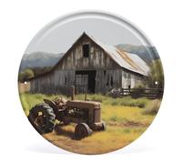 YKUDBN Circular Metal Wall Art, Old Wooden Barn with Rusted Tractor Print Iron Wall Hanging Vintage Circular Sign Industrial Metal Art Decorative Metal Plate
