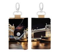 YKUDBN Leather Key Bag, Night London Tower Bridge Print Chic Key Holder Everyday Key Wallet Versatile Key Wallet Key Holder with Snap Closure, Style, One Size