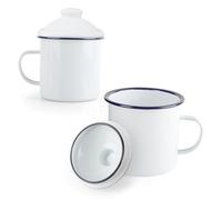 YKUKIZEE 2 Pack 500 ml White Enamel Mug with Lid, Retro Tin Cup 17 oz, Large Capacity Vintage Camping Mugs Portable for Hot Drinks Tea Home Garden Office Travel Party