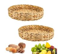 YKUKIZEE 2 Pack Round Water Hyacinth Serving Trays, Handmade Water Hyacinths Woven Storage Baskets Natural, Shallow Water Hyacinth Rattan Serving Tray for Breakfast Coffee Dining Bread Fruit 32, 28 cm