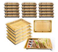 YKUKIZEE 20 Pack Gold Sandwich Trays with Lids, Plastic Buffet Trays Platter for Party Food, Gold Buffet Catering Tray with Clear Lids for Sushi Cake 258x185x50 mm