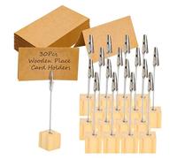 YKUKIZEE 30Pcs Wooden Place Card Holders with Memo Clips and Kraft Place Cards, Rustic Wooden Table Number Stands, Memo Clip Holder for Photo Name Sign Wedding Party