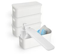 YKUKIZEE 4 Pack Narrow Plastic Storage Box with Lid Small, Slim Bathroom Storage Box with Handle Rectangle, White Kitchen Cupboard Organiser Storage Boxes for Shelves Desktop 28x10x9.2 cm