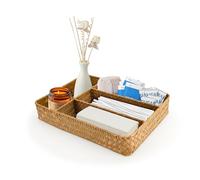YKUKIZEE 4 Sections Rectangular Seagrass Storage Baskets, Rectangular Rattan Storage Basket Tray Handmade, Woven Wicker Storage Baskets for Shelf Bathroom Toilet Makeup Tank Top Organizer 35x25x6 cm
