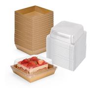 YKUKIZEE 50 PCS Brown Cake Slice Boxes with Clear Lids 13.5 cm, Oil-Proof Paper Charcuterie Boxes Individual, Square Food Containers Takeaway Box for Dessert Bakery Sandwich Cookies Macaron Cupcake