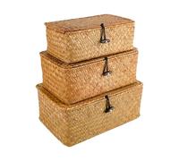 YKUKIZEE Set of 3 Rattan Woven Storage Basket with Lids Handmade, Large Wicker Storage Baskets with Lids, Rectangular Seagrass Storage Baskets with Lids for Home Bathroom Toilet Clothe(S+M+L)