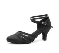 YKXLM Women's Black Satin Latin Dance Shoes Closed Toe Standard Salsa Performance Ballroom Dancing Shoes,L189-5, 5.5 UK / 24.5 CM