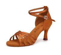 YKXLM Women's Latin Dance Shoes Satin Open Toe Ballroom Salsa Dance Practice Performance Dancing Shoes,3 in Heel,Brown,3 UK