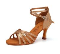 YKXLM Women's Latin Dance Shoes Satin Open Toe Ballroom Salsa Dance Practice Performance Dancing Shoes,3 in Heel,Beige,3.5 UK