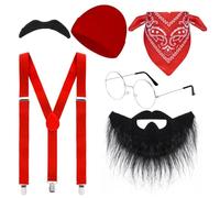 YKYUASD 6 PCS Halloween Men's Costume Accessories Glasses Facial Beard Mustache Red Beanie Cap Bandana Back Suspenders for Halloween Makeup Cosplay Party