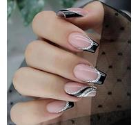YKZFUI 24 Black French Lace False Nails Medium Length Square Shape with Silver Glitter Detail Shiny Full Cover Coffin Nails Beautiful Nails for Women