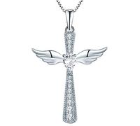 YL Cross Angel Wing Necklace 925 Sterling Silver April Birthstone White Cubic Zirconia Guardian Angel Pendant Necklace for Women