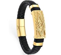 YL Cross Masonic Leather Mens Bracelet, 18K Gold/Black Rhodium Plated Christian Religious 316L Stainless Steel Brown Cuff Handcrafted Jewelry Gifts, 8.7"(220mm), Leather, no gemstone