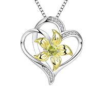 YL Heart Necklace 925 Sterling Silver cut August Birthstone Peridot Green Cubic Zirconia Lily Flower Love Pendant for Women,Chain 45+3CM