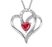 YL Heart Necklace 925 Sterling Silver cut July Birthstone Ruby Engrave "I Love you to the Moon and Back" Pendant for Women,Chain 45+3CM
