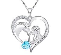 YL Horse Necklace 925 Sterling Silver cut March Birthstone Aquamarine Blue Engrave "I love you" Horse Heart Pendant Jewelry for Women Girlfriend