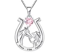 YL Horseshoe Necklace 925 Sterling Silver cut October Birthstone Pink Cubic Zirconia "I love you forever" Horse Pendant Jewelry for Women Girlfriend
