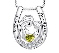 YL Mother and Daughter Necklace 925 Sterling Silver August Birthstone Peridot Green Cubic Zirconia Engrave "Mother, Daughter" Horseshoe Pendant for Women Mum,Chain 45+3CM