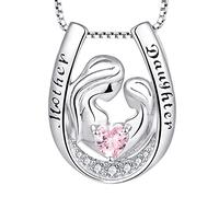 YL Mother and Daughter Necklace 925 Sterling Silver October Birthstone Pink Cubic Zirconia Engrave "Mother, Daughter" Horseshoe Pendant for Women Mum,Chain 45+3CM