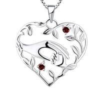 YL Mum Heart Necklace 925 Sterling Silver Mom Hold Child's Hand cut January Birthstone Garnet Pendant Gifts for Mum Women