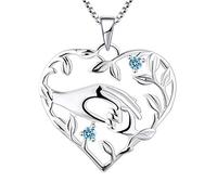 YL Mum Heart Necklace 925 Sterling Silver Mom Hold Child's Hand cut March Birthstone Aquamarine Blue Pendant Gifts for Mum Women
